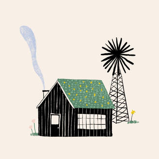 Vector illustration of wooden house with chimney and windmill with grass and flower against white background - ADSF45897