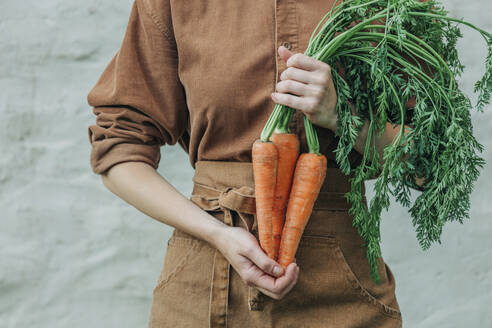 Woman holding bunch of carrot with leaves in front of wall - VSNF01252