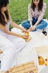 Smiling woman with friend opening gift box on picnic blanket - MEUF09176