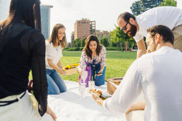 Glückliche Freunde genießen gemeinsam ein Picknick an einem sonnigen Tag - MEUF09183