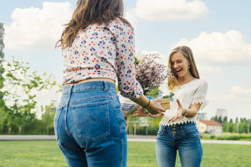 Woman giving gift box and bouquet of flowers to happy friend in park - MEUF09210