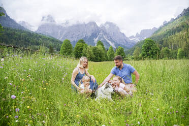 Family spending vacation sitting on grass in front of mountains - NJAF00491