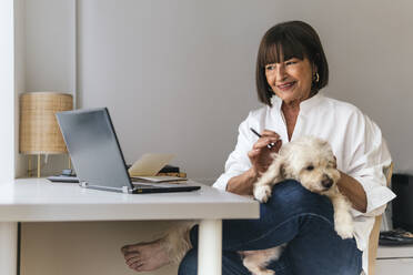 Smiling freelancer stroking dog and working at home - PBTF00120