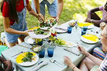 Freunde servieren Essen am Picknicktisch im Garten - EBSF03735