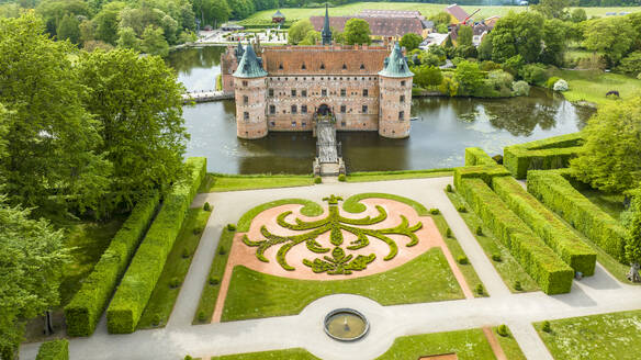 Denmark, Southern Denmark, Kvaerndrup, Aerial view of garden in front of Egeskov Castle - AMF09943