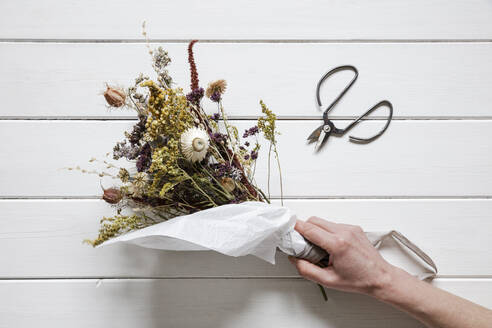 Hand einer Frau, die einen Strauß getrockneter Blumen aufhebt - EVGF04346