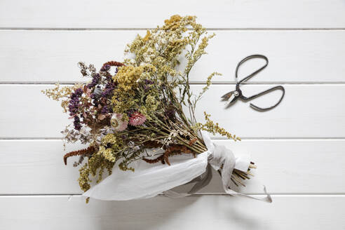 Blumenstrauß aus getrockneten Blumen auf weiß lackiertem Holz liegend - EVGF04347