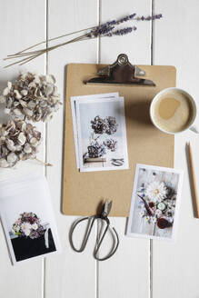 Cup of coffee, clipboard, dried flowers and photographs of flower arrangements lying on white painted wood - EVGF04348