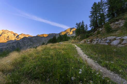 Italien, Piemont, Weg zum Monte Moro in der Morgendämmerung - LOMF01388