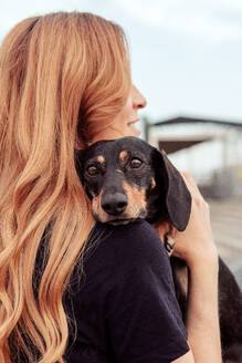 Side view of redhead woman embracing Dachshund dog while walking on street together during weekend - ADSF46227