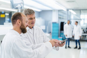 Techniker in einer Elektronikfabrik besprechen eine Hauptplatine, während ihre Kollegen im Hintergrund plaudern - DIGF20215