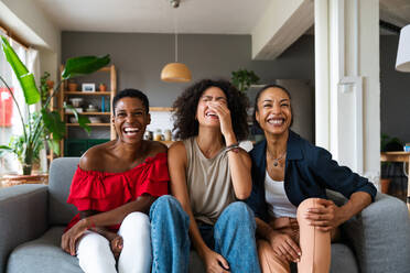 Happy beautiful hispanic south american and black women meeting indoors and having fun - Black adult females best friends spending time together, concepts about domestic life, leisure, friendship and togetherness - DMDF01067