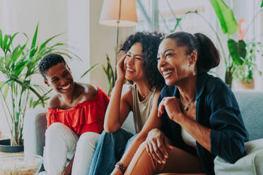 Happy beautiful hispanic south american and black women meeting indoors and having fun - Black adult females best friends spending time together, concepts about domestic life, leisure, friendship and togetherness - DMDF01085