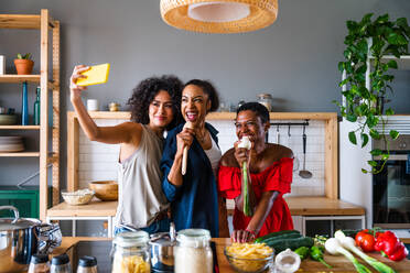 Happy beautiful hispanic south american and black women meeting indoors and having fun - Black adult females best friends spending time together, concepts about domestic life, leisure, friendship and togetherness - DMDF01138