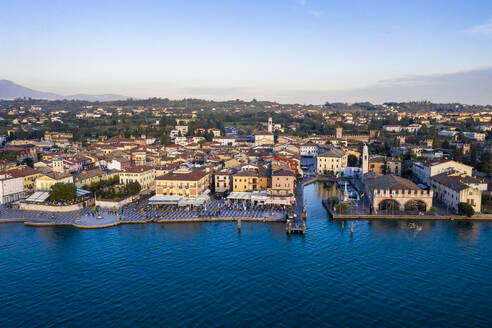 Italy, Veneto, Lazise, Aerial view of town on eastern shore of Lake Garda - AMF09947