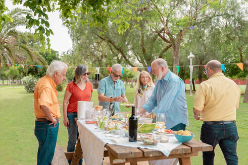 Group of middle aged men and women in casual clothes eating food and drinking wine during outdoor party in park - ADSF46519