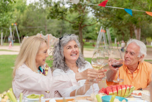 Smiling middle aged women clinking wineglasses with man while celebrating birthday in park on sunny day - ADSF46527