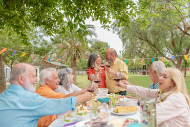 Middle aged man and woman hugging while looking at each other clinking glasses while celebrating anniversary with friends in green park on sunny day - ADSF46536