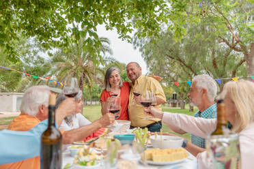 Middle aged man and woman hugging and clinking glasses while celebrating anniversary with friends in green park on sunny day - ADSF46537