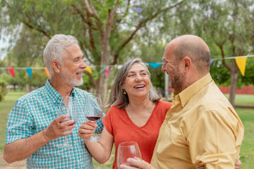 Group of smiling middle aged people in casual clothes standing near green trees and drinking red wine during party - ADSF46548