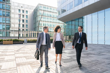 Multiracial group of business people bonding outdoors - International business corporate team wearing elegant suit meeting in a business park - DMDF01417