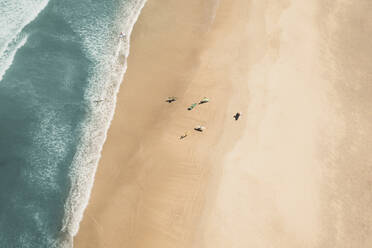 Aerial view of surfers on the beach, Lanzarote, Spain. - AAEF19545