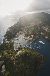 Aerial view of Portofino harbour along the coastline, Liguria, Italy. - AAEF19646