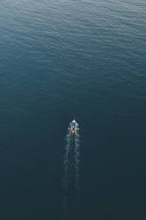 Aerial view of a touristic boat in Manarola, Cinque Terre, Liguria. - AAEF19653