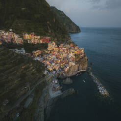 Aerial view of houses on a rock in Manarola, Cinque Terre, Liguria, Italy. - AAEF19656