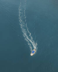 Aerial view of a touristic boat in Manarola, Cinque Terre, Liguria. - AAEF19664