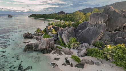 Aerial view of Anse Source d'Argent beach, La Digue at sunrise, Seychelles. - AAEF19954