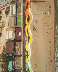 Aerial view of Benidorm's colourful beach pattern, Valencia, Spain. - AAEF19978