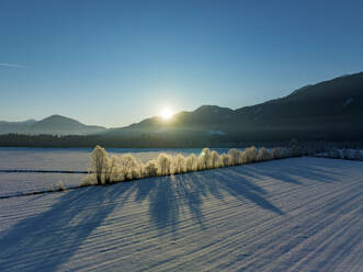 Aerial drone view of Drava Valley covered in snow, Greifenburg, Carinthia, Austria. - AAEF20057