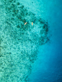 Luftaufnahme von Kajakfahrern auf dem kristallklaren blauen Meer, Baa Atoll, Malediven. - AAEF20068