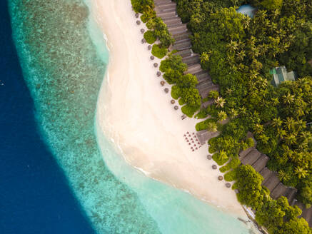 Luftaufnahme eines weißen Sandstrands entlang der Küste bei Sonnenaufgang, Baa Atoll, Malediven. - AAEF20097