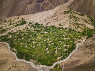 Aerial view of lush village with fields and trees in a landslide delta next to a river surrounded by rocky desert mountains, Bardara, Bartang, Pamir, Tajikistan. - AAEF20103