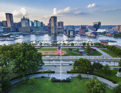 Aerial View of downtown and the Inner Harbor taken from Federal Hill in Baltimore, Maryland, United States. - AAEF20146