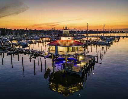 Aerial view of the Choptank River Lighthouse right after sunset n Cambridge, Maryland, United States. - AAEF20150