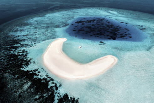 Aerial view of a boat docked near the South Ari Atoll, Maldives. - AAEF20215