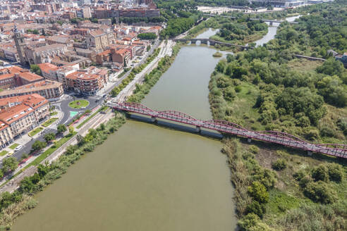 Aerial view of Reina Sofia bridge in Talavera de la Reina, a small town along the Tagus river in Toledo district, Spain. - AAEF20251