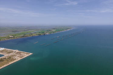 Aerial view of Delta de l'Ebre national park along the Mediterranean Sea, Deltebre, Tarragona, Spain. - AAEF20408