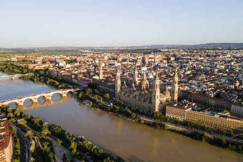 Aerial view of Nuestra Senora del Pilar, the main cathedral in Zaragoza downtown along the Ebro river, Spain. - AAEF20527