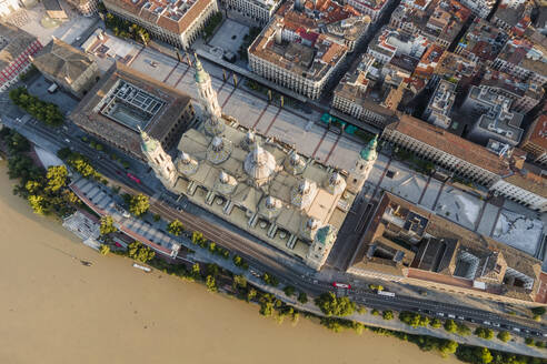 Aerial view of Nuestra Senora del Pilar, the main cathedral in Zaragoza downtown along the Ebro river, Spain. - AAEF20528