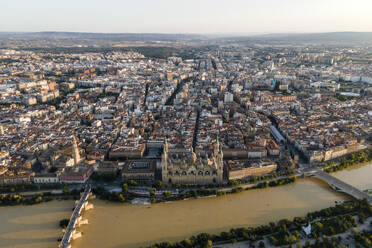 Aerial view of Nuestra Senora del Pilar, the main cathedral in Zaragoza downtown along the Ebro river, Spain. - AAEF20532