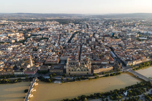 Aerial view of Nuestra Senora del Pilar, the main cathedral in Zaragoza downtown along the Ebro river, Spain. - AAEF20532