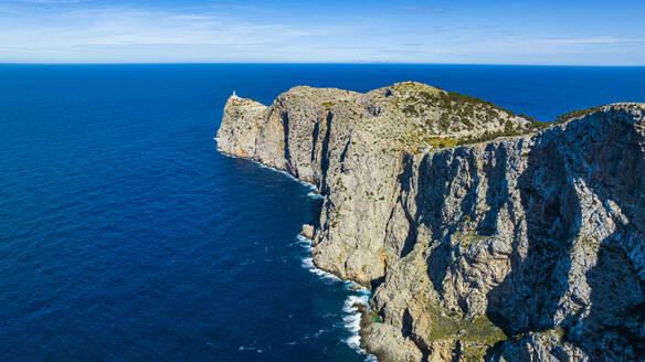 Aerial of the Formentor lighthouse, Mallorca, Balearic Islands, Spain, Mediterranean, Europe - RHPLF26101