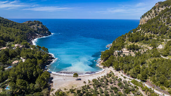 Aerial of the Tuent Beach, Mallorca, Balearic Islands, Spain, Mediterranean, Europe - RHPLF26108