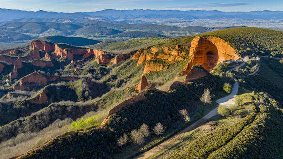 Aerial of Las Medulas old Roman gold mine, UNESCO World Heritage Site, Castile and Leon, northern Spain, Europe - RHPLF26122