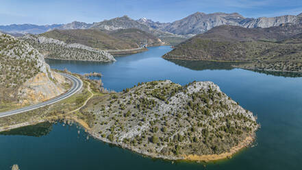 Aerial of the mountains and Embalse de Luna lake, Asturias, Spain, Europe - RHPLF26129