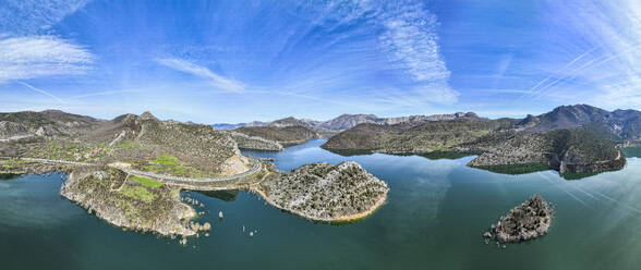 Aerial of the mountains and Embalse de Luna lake, Asturias, Spain, Europe - RHPLF26130